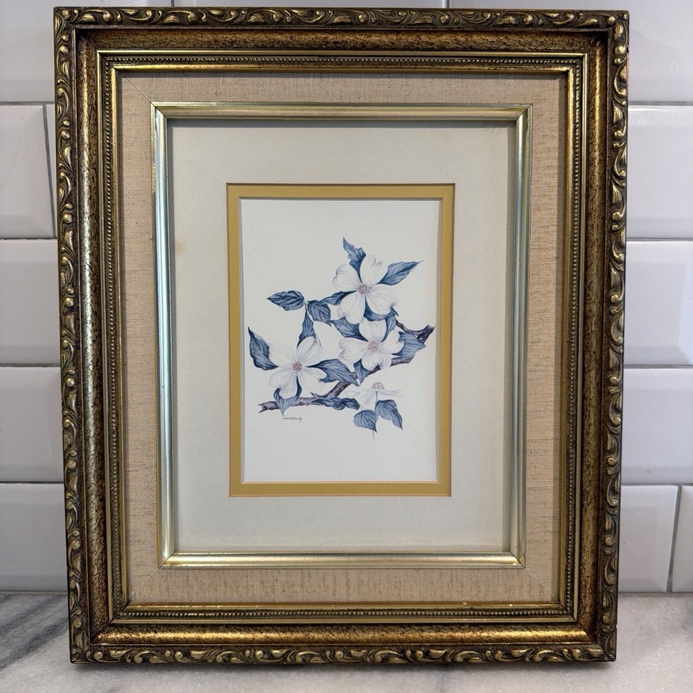 Vintage Gold Ornate Framed Matted Dogwood Flowers Print By Cherding GW995